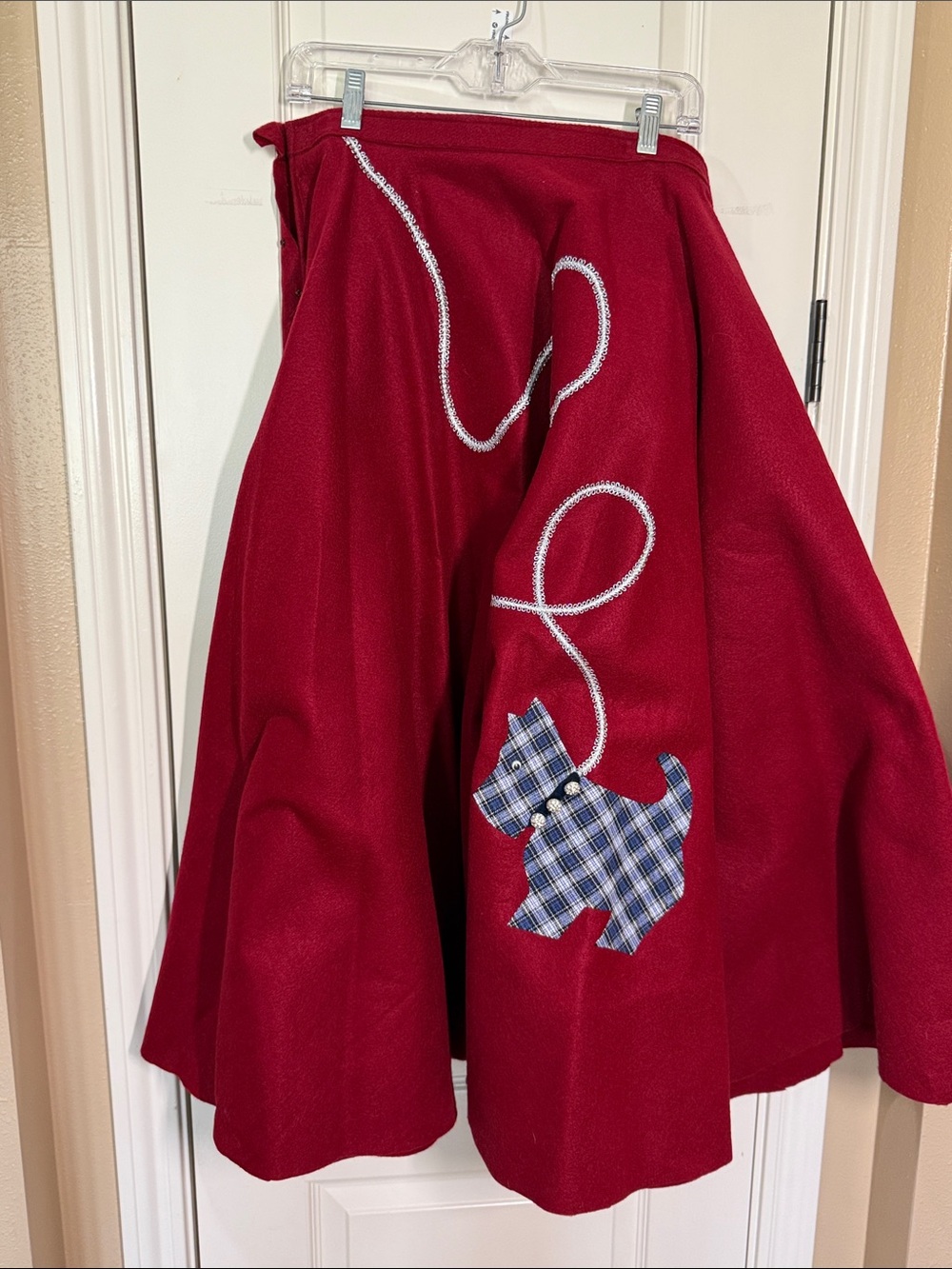 Red A-Line “Poodle” Skirt with Plaid Dog Appliqué